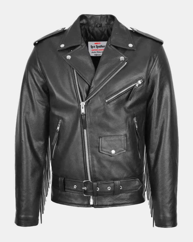 Mens Biker Brando Leather Jacket with Fringes Wayne Black