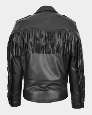 Mens Biker Brando Leather Jacket with Fringes Wayne Black