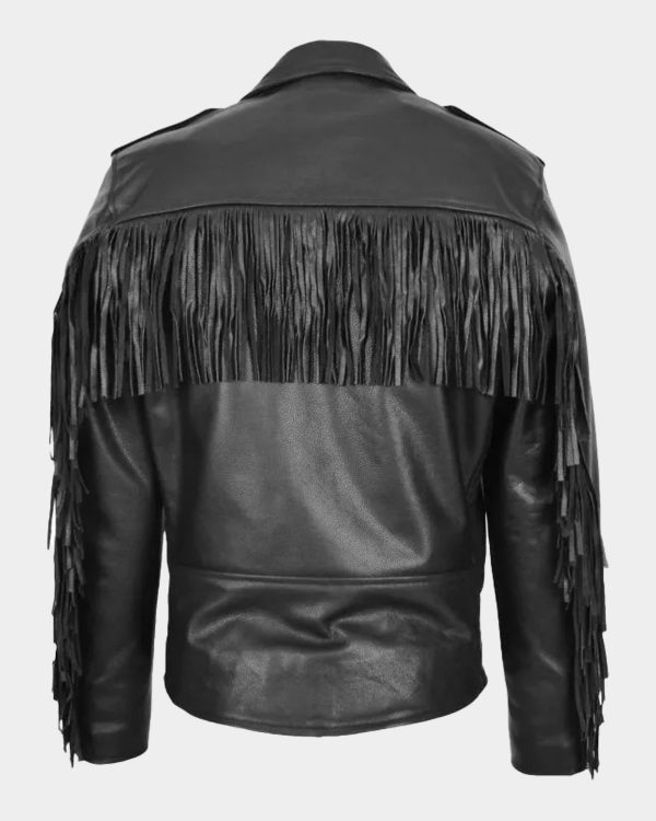 Mens Biker Brando Leather Jacket with Fringes Wayne Black