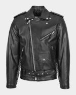 Mens Biker Brando Leather Jacket with Fringes Wayne Black