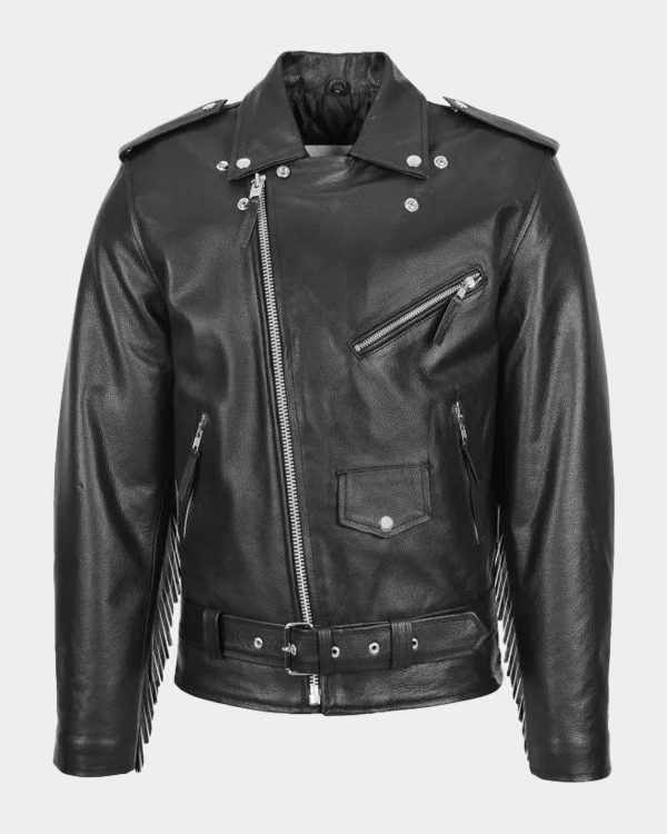 Mens Biker Brando Leather Jacket with Fringes Wayne Black