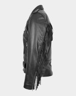 Mens Biker Brando Leather Jacket with Fringes Wayne Black