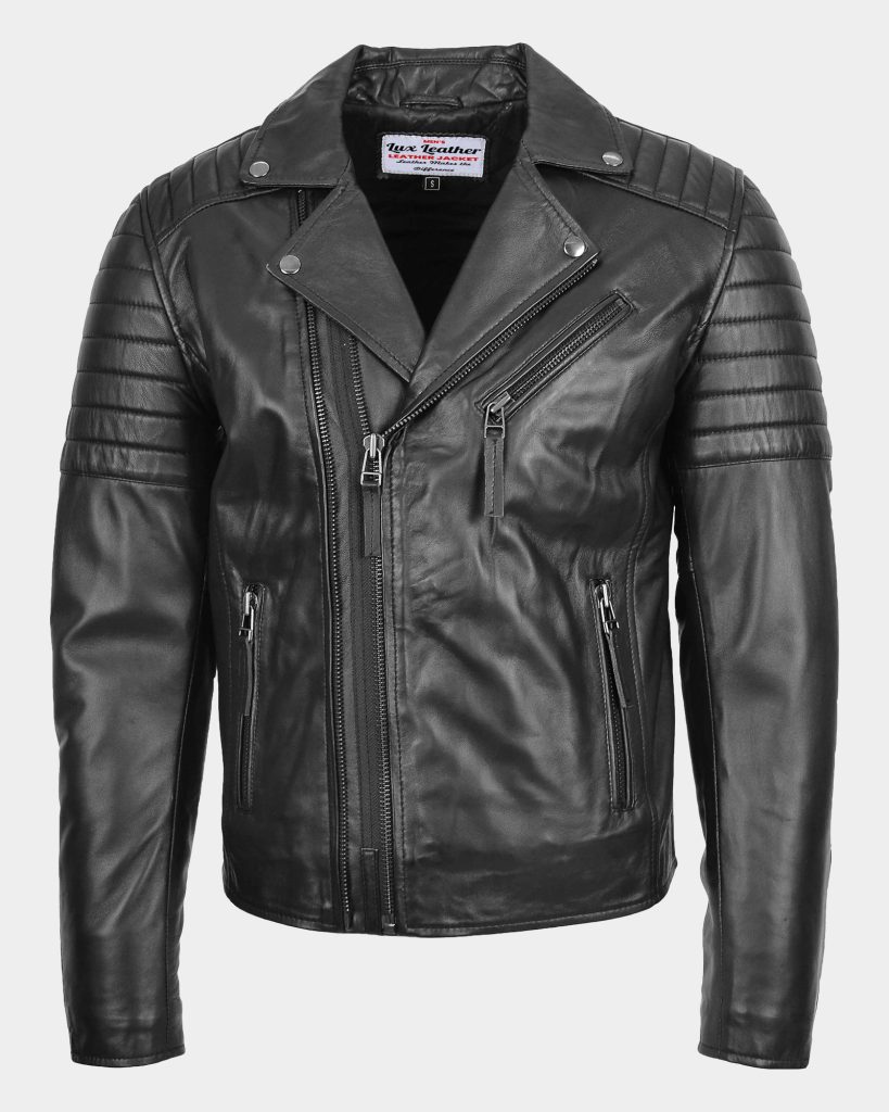 Mens Biker Leather Jacket Dual Zip Hook Black 1