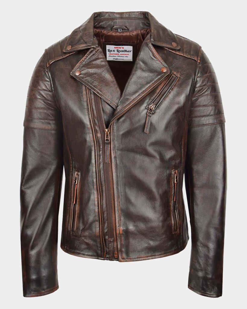 Mens Biker Leather Jacket Dual Zip Hook Brown Vintage 1