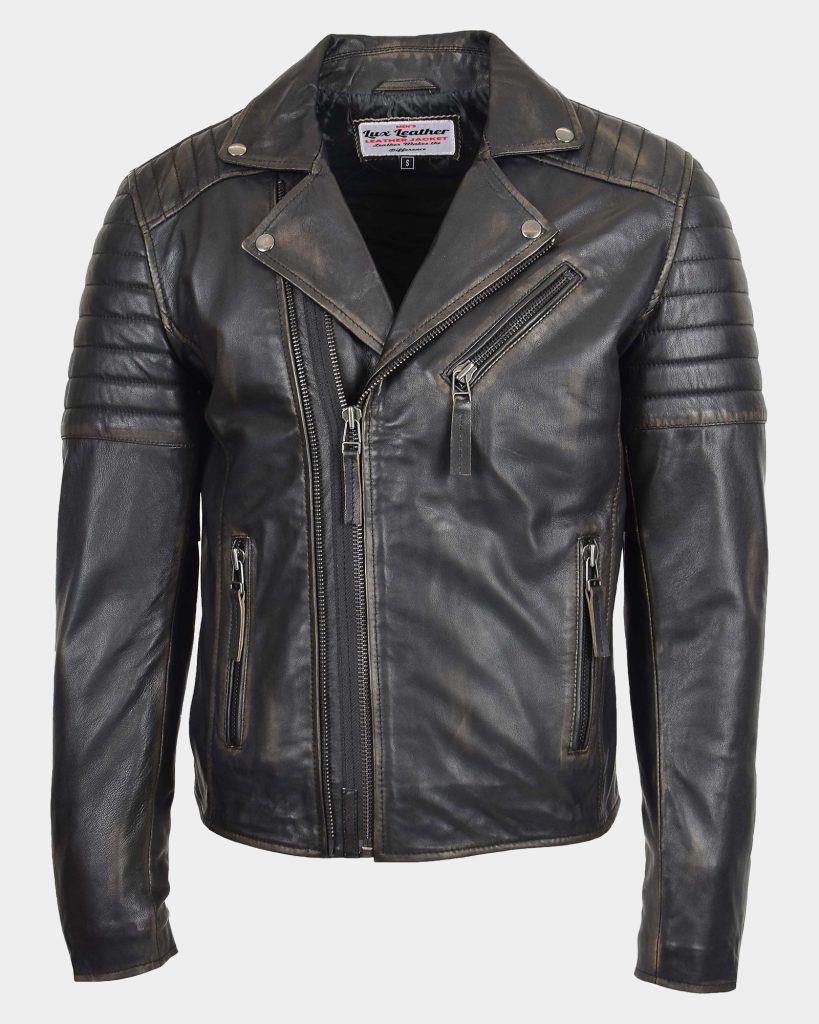 Mens Biker Leather Jacket Dual Zip Hook Rub Off 1