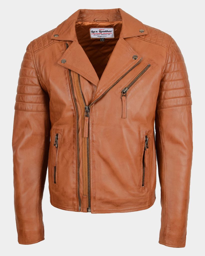 Mens Biker Leather Jacket Dual Zip Hook Tan