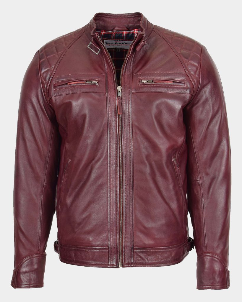 Mens Biker Leather Jacket Standing Collar Bowie Burgundy