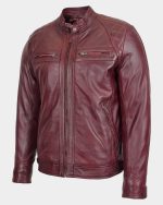 Mens Biker Leather Jacket Standing Collar Infinite Burgundy - Image 3