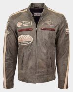 Mens Biker Leather Jacket with Badges Zenith Brown