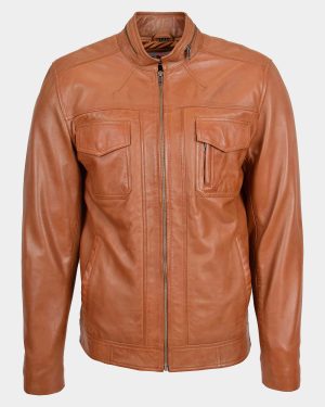 Mens Casual Biker Leather Jacket Dynamo Tan