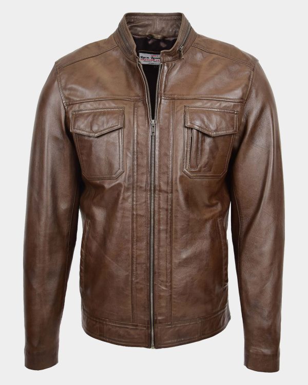 Mens Casual Biker Leather Jacket Fusion Timber