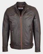 Mens Classic Leather Biker Style Zip Jacket Ethan Brown 1