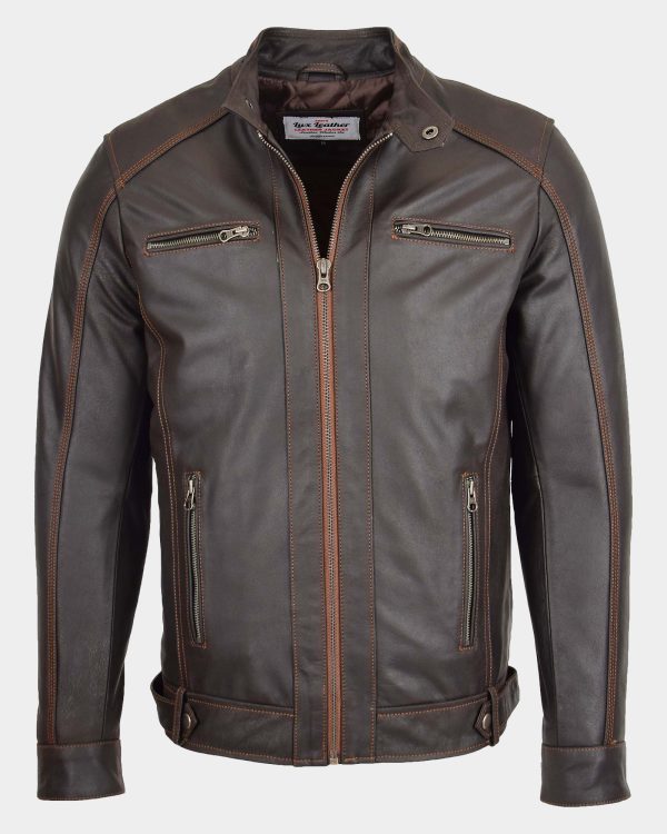 Mens Classic Leather Biker Style Zip Jacket Ethan Brown 1