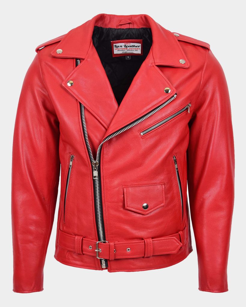 Mens Heavy Duty Leather Biker Brando Jacket Ignite Red