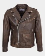 Mens Heavy Duty Leather Biker Brando Jacket Zenith Brown