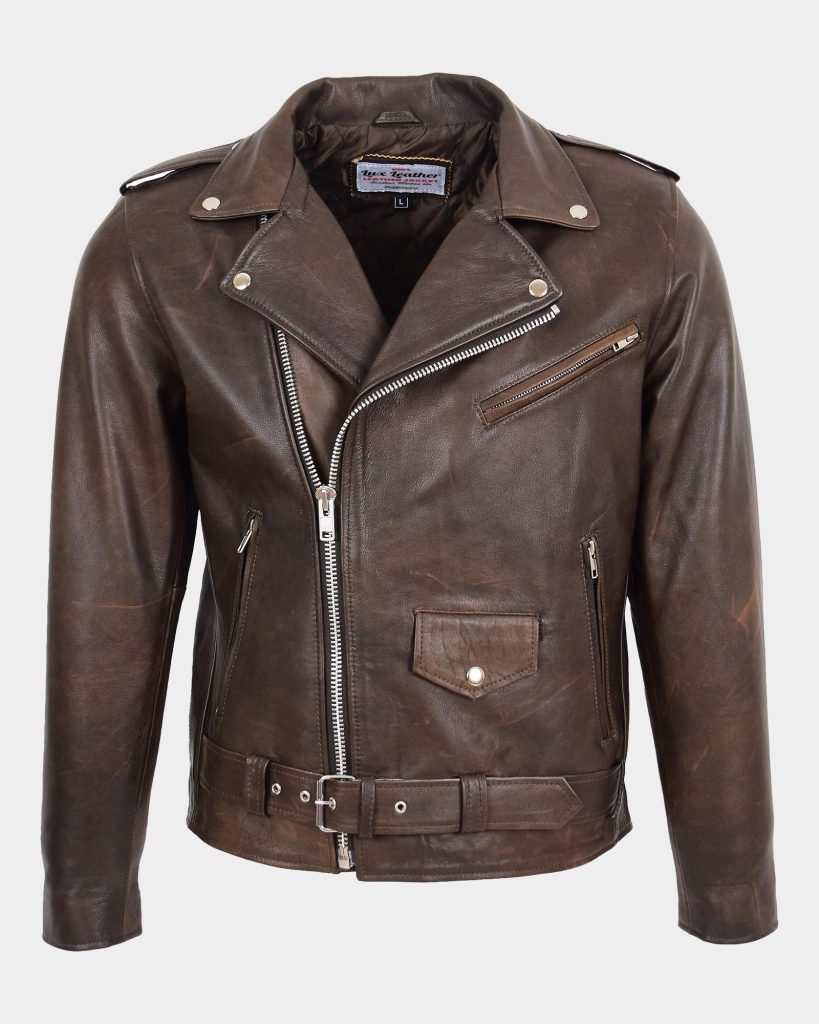 Mens Heavy Duty Leather Biker Brando Jacket Zenith Brown