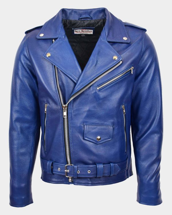 Mens Heavy Duty Leather Biker Brando Jacket Radiant Blue