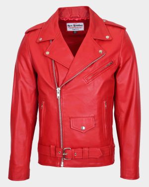 Mens Leather Biker Jacket Brando Style Johnny Dynamo Ignite Red