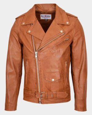 Mens Leather Biker Jacket Brando Style Johnny Dynamo Tan