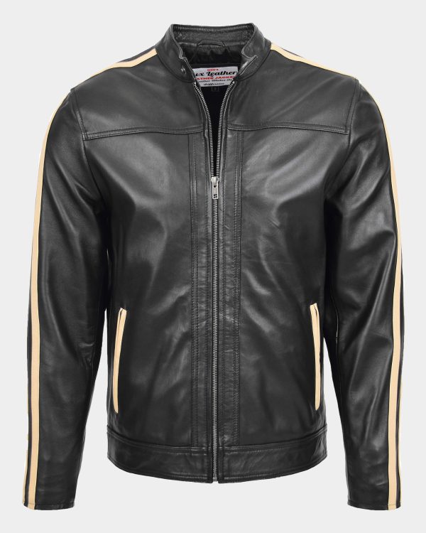 Mens Leather Biker Jacket with Racing Stripes Clyde Nova Black