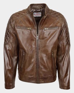 Mens Leather Biker Style Jacket with Quilt Detail Fusion Timber