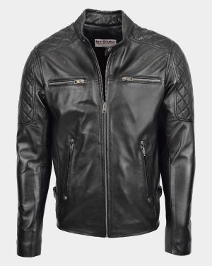 Mens Leather Biker Style Jacket with Quilt Detail Nova Black