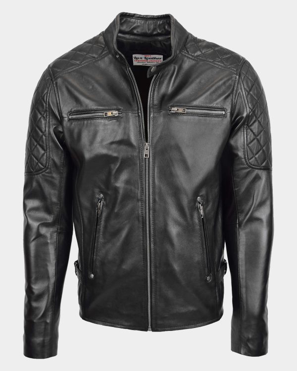 Mens Leather Biker Style Jacket with Quilt Detail Nova Black