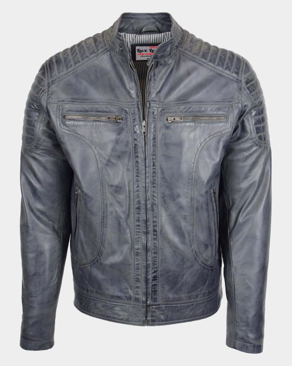 Mens Leather Biker Style Zip Jacket Eddie Essence Grey Two Tone