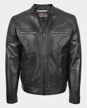 Mens Leather Biker Style Zip Jacket Eddie Essence Nova Black