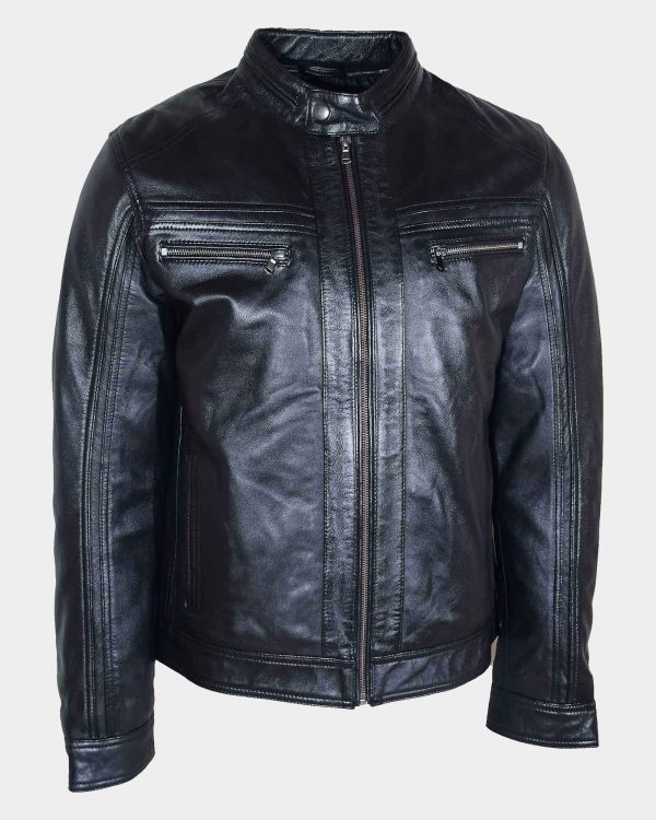 Mens Leather Cafe Racer Biker Jacket Charlie Nova Black