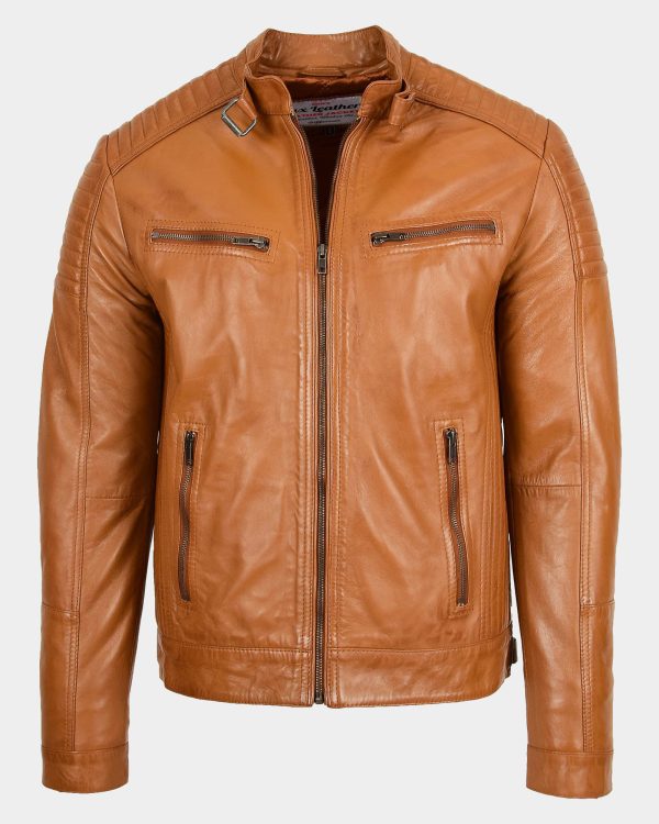 Mens Leather Cafe Racer Biker Jacket Dynamo Tan