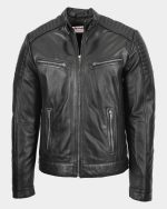 Mens Leather Cafe Racer Biker Jacket Ron Nova Black