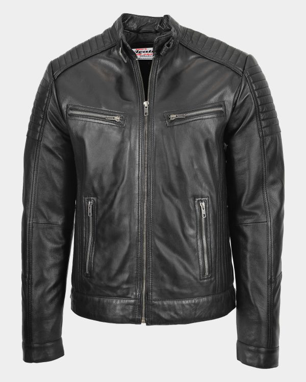 Mens Leather Cafe Racer Biker Jacket Ron Nova Black