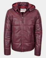 Mens Leather Hooded Puffer Jacket Infinite Burgundy