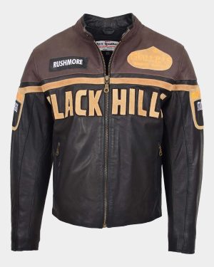 Mens Leather Racing Badges Jacket 'Black Hills' Zenith Brown