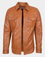 Mens Leather Shirt Classic Trucker Style Oliver Dynamo Tan