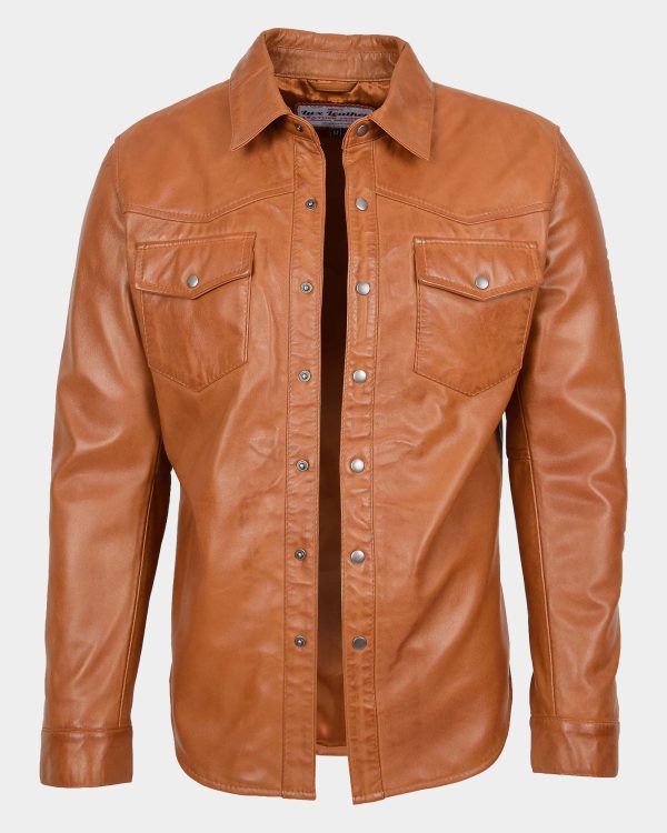 Mens Leather Shirt Classic Trucker Style Oliver Dynamo Tan