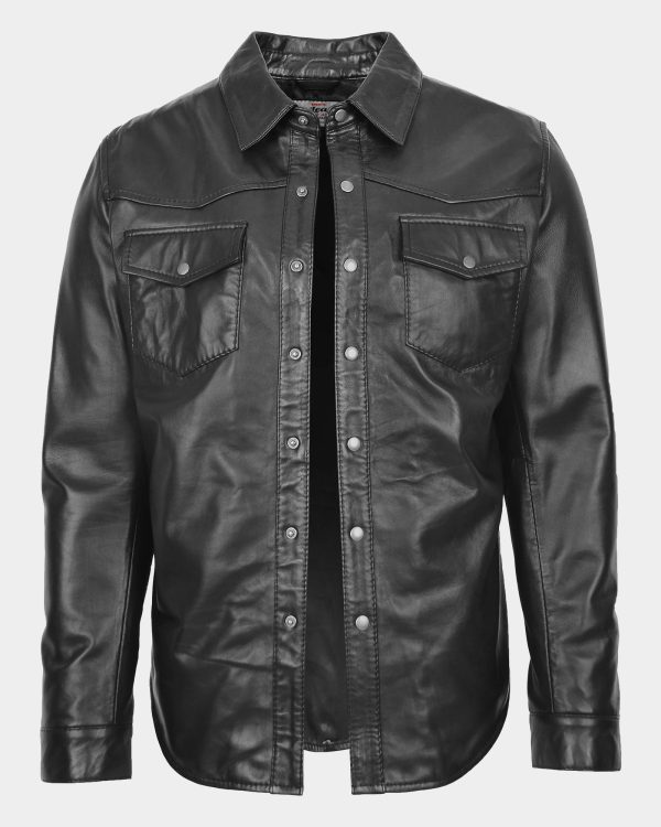 Mens Leather Shirt Classic Trucker Style Oliver Nova Black