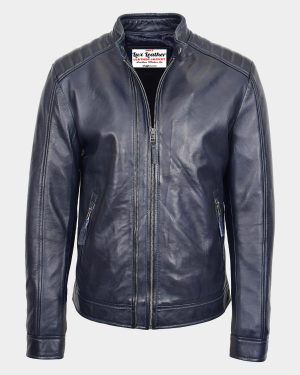 Mens Real Leather Biker Jacket Archie Luna Navy Blue