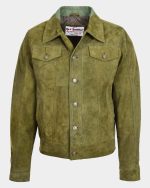 Mens Real Suede Trucker Harrington Jacket Daryl Aurora Green