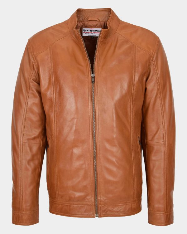 Mens Soft Leather Casual Plain Zip Jacket Matt Dynamo Tan