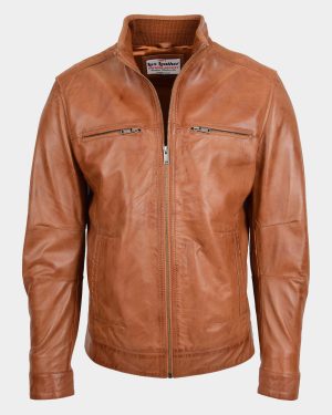 Men's Standing Collar Leather Jacket Tony Dynamo Tan