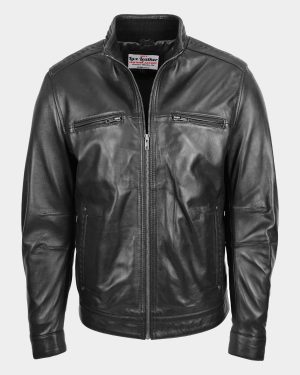 Men's Standing Collar Leather Jacket Tony Nova Black