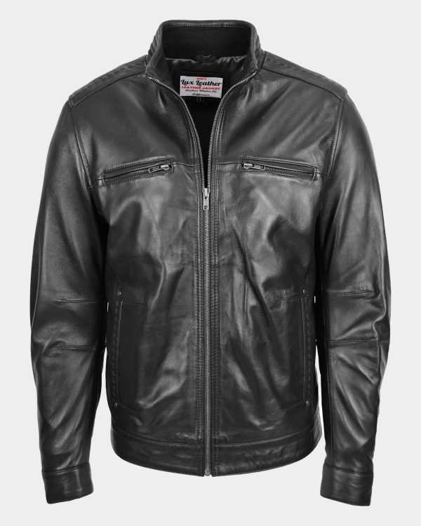 Men's Standing Collar Leather Jacket Tony Nova Black