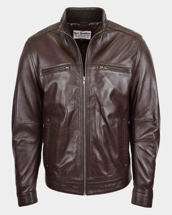 Men's Standing Collar Leather Jacket Tony Zenith Brown